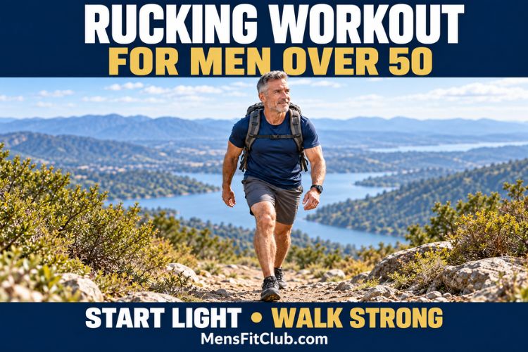 A Middle-aged man walking briskly uphill with a weighted rucksack as part of a strength training workout for men over 50