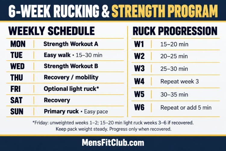 Infographic showing the weekly schedule for a 6-week rucking and strength workout program