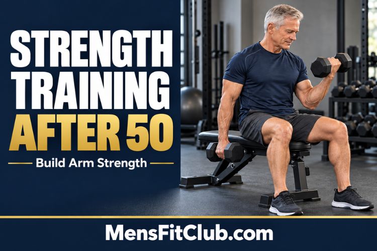 A Man over 50 performing a seated bicep curl with dumbbell to build arm strength for strength training after 50