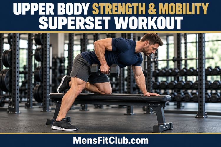 a Man performing dumbbell row for upper body strength and mobility superset workout in a gym